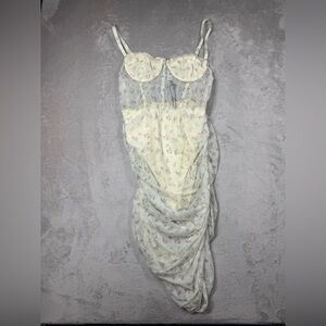 NWT Tic Toc Corset Sheer Bodysuit Ruched Yellow Ditsy Floral Dress Size Medium